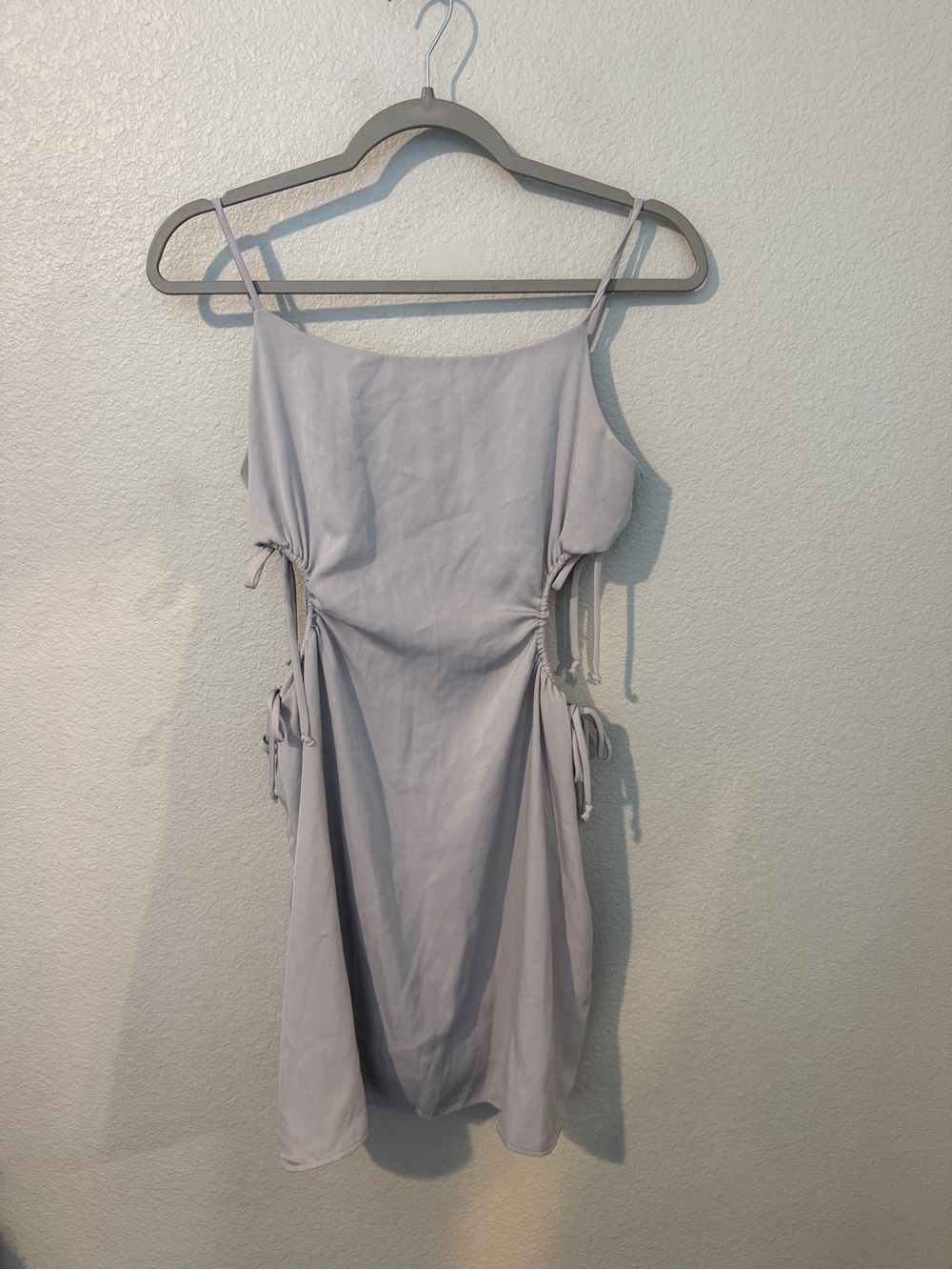 Le Lis Lavender Gray Spaghetti Strap Ruched Mini Dress